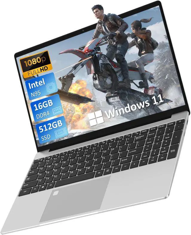 Alt view image 2 of 7 - Auusda Laptop Computer w/16GB DDR4 RAM 512GB M.2 PCIe NVMe SSD, Intel N95 2.0-3.4 GHz, 15.6" FHD LCD Work PC, Windows 11 Pro Notebooks, Backlit Keyboard, Fingerprint Unlock, Silver