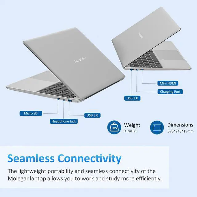 Alt view image 6 of 7 - Auusda Laptop Computer w/16GB DDR4 RAM 512GB M.2 PCIe NVMe SSD, Intel N95 2.0-3.4 GHz, 15.6" FHD LCD Work PC, Windows 11 Pro Notebooks, Backlit Keyboard, Fingerprint Unlock, Silver