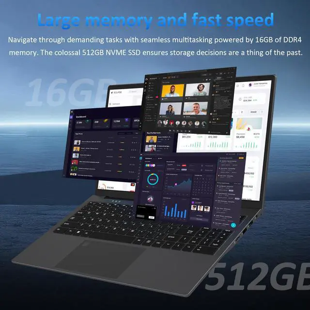 Alt view image 3 of 7 - Auusda Business Laptop, 16GB RAM 512GB SSD, Windows 11 Pro, 15.6" 1920×1080 FHD Intel N95 CPU Home Computer, Backlight, Fingerprint, Webcam Switch, 3×USB, Type-C, Gray