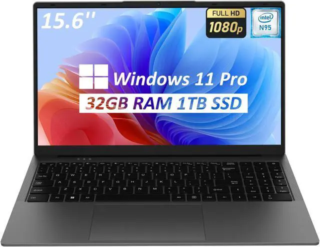 Main image of Auusda 15.6" Business Laptop, Windows 11 Pro Home Computer, 1080P Intel N95 CPU, 32GB RAM 1TB SSD, Backlight Keyboard, Fingerprint Reader, Webcam Switchprotect, USB-C, Gray