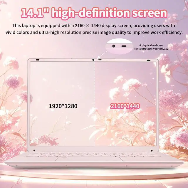 Alt view image 2 of 6 - Auusda 14.1" Windows 11 Pro Laptop, 16GB RAM 512GB SSD, Intel Celeron N5105 CPU Home Computer, 2K Display Screen, Backlight, Fingerprint, Webcam Switch, Type-C, Pink