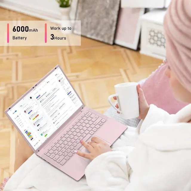 Alt view image 6 of 6 - Auusda 14.1" Windows 11 Pro Laptop, 16GB RAM 512GB SSD, Intel Celeron N5105 CPU Home Computer, 2K Display Screen, Backlight, Fingerprint, Webcam Switch, Type-C, Pink