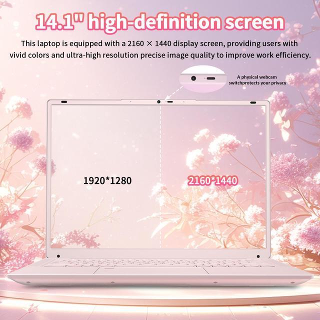 Alt view image 4 of 7 - Auusda 14.1" Windows 11 Pro Laptop, 8GB RAM 256GB SSD, Intel Celeron N5105 CPU Home Computer, 2K Display Screen, Backlight, Fingerprint, Webcam Switch, Type-C, Pink