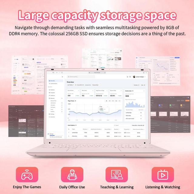 Alt view image 7 of 7 - Auusda 14.1" Windows 11 Pro Laptop, 8GB RAM 256GB SSD, Intel Celeron N5105 CPU Home Computer, 2K Display Screen, Backlight, Fingerprint, Webcam Switch, Type-C, Pink