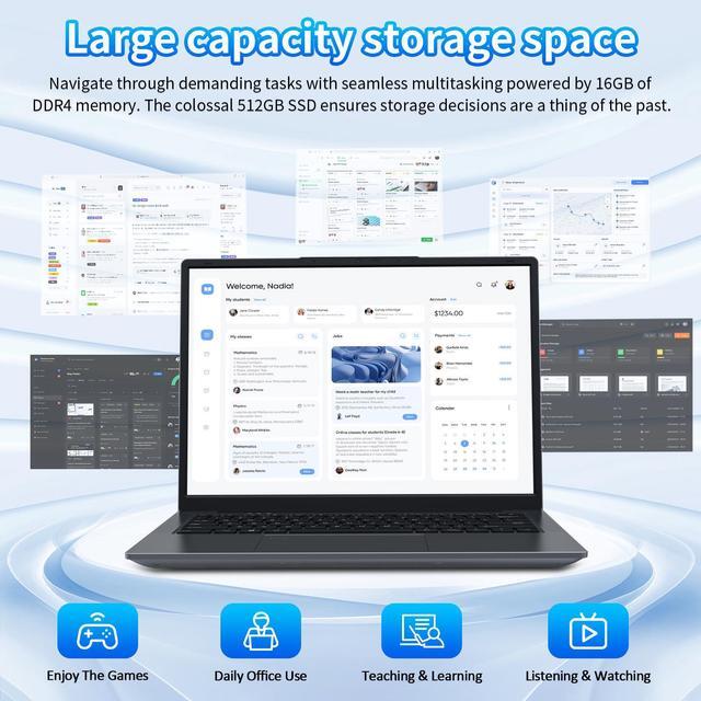 Alt view image 6 of 7 - Auusda 14.1" Windows 11 Pro Laptop, 16GB RAM 512GB SSD, Intel Celeron N5105 CPU Home Computer, 2K Display Screen, Backlight, Fingerprint, Webcam Switch, 3×USB, Type-C, Gray
