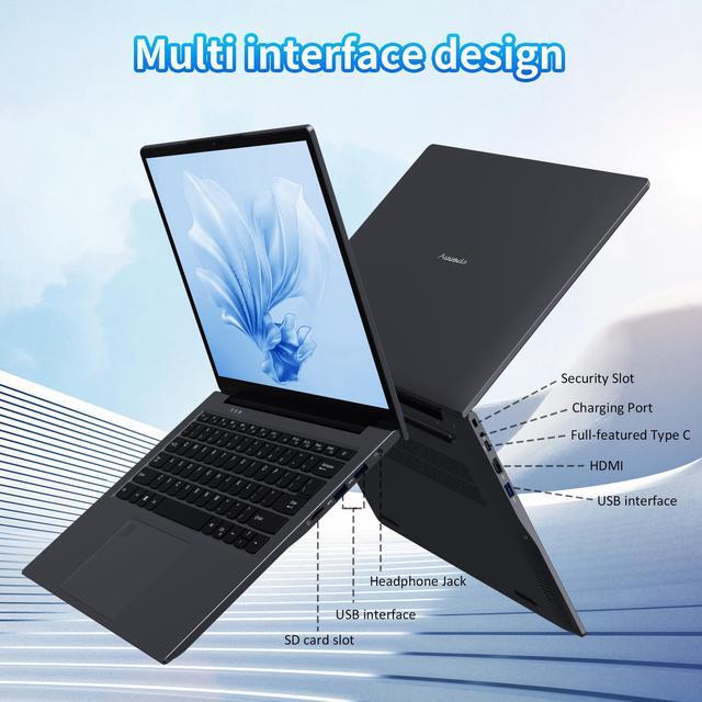 Alt view image 7 of 7 - Auusda 14.1" Windows 11 Pro Laptop, 16GB RAM 512GB SSD, Intel Celeron N5105 CPU Home Computer, 2K Display Screen, Backlight, Fingerprint, Webcam Switch, 3×USB, Type-C, Gray