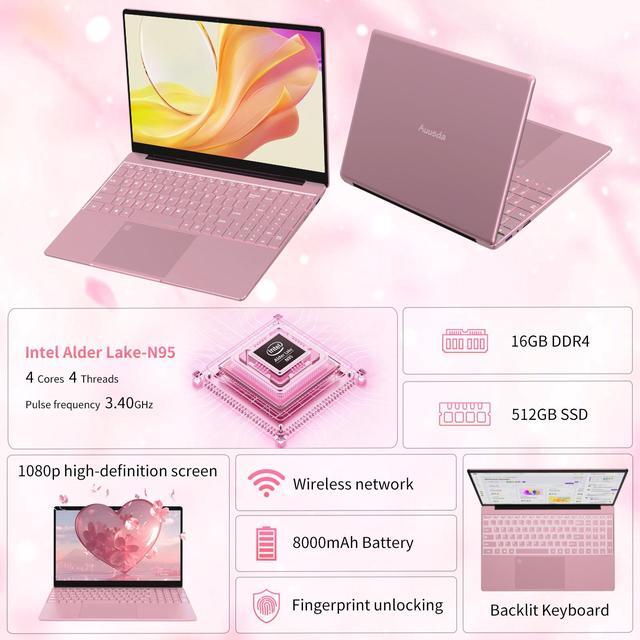 Alt view image 2 of 7 - Auusda 15.6" Laptop Computer w/16GB RAM 512GB SSD, Intel N95 2.0-3.4 GHz, Windows 11 Pro Notebook, Backlit Keyboard, Fingerprint Unlock, Pink