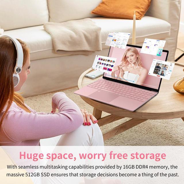Alt view image 7 of 7 - Auusda 15.6" Laptop Computer w/16GB RAM 512GB SSD, Intel N95 2.0-3.4 GHz, Windows 11 Pro Notebook, Backlit Keyboard, Fingerprint Unlock, Pink
