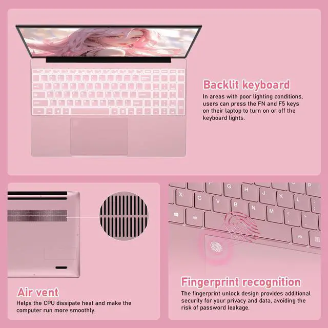 Alt view image 4 of 7 - Auusda Business Laptop, 32GB RAM 1TB SSD, Windows 11 Pro Home Computer, 15.6" 1920 x 1080 Screen, Intel N95 CPU, Backlight Keyboard, Fingerprint Reader, Pink