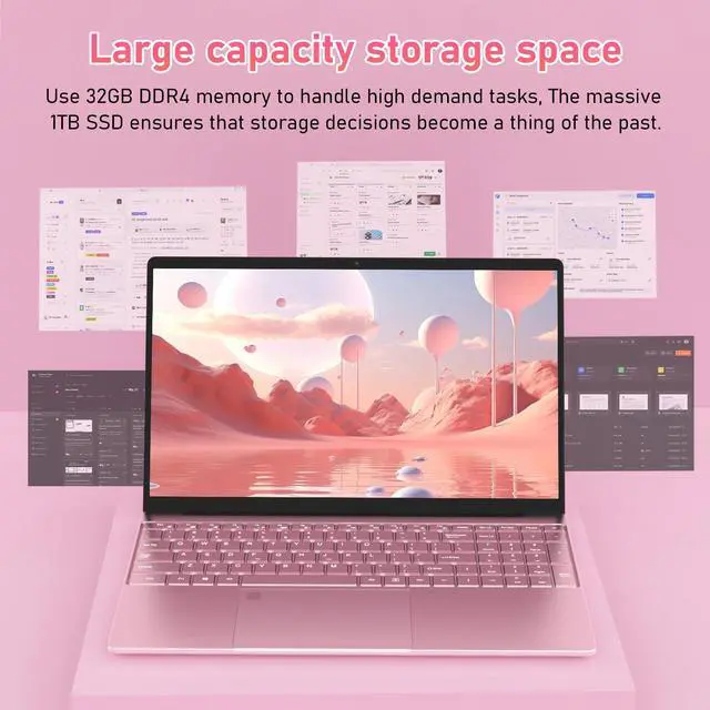 Alt view image 5 of 7 - Auusda Business Laptop, 32GB RAM 1TB SSD, Windows 11 Pro Home Computer, 15.6" 1920 x 1080 Screen, Intel N95 CPU, Backlight Keyboard, Fingerprint Reader, Pink
