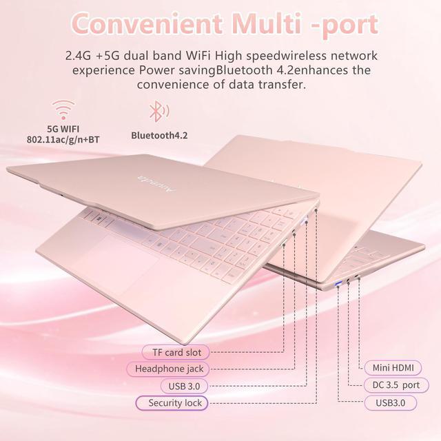 Alt view image 5 of 7 - Auusda 14.1" Windows 11 Pro Laptop, 16GB RAM 512GB SSD, Intel Celeron N5095 CPU Home Computer, Webcam Switch, Pink