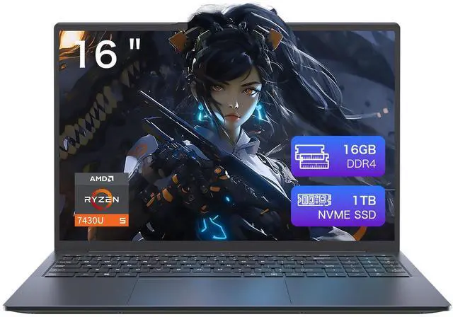 Main image of Auusda 16" Business Laptop, Windows 11 Pro Laptop Computer, AMD Ryzen 7430U, 16GB RAM 1TB SSD, Backlight, Fingerprint, Gray