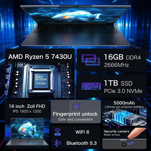 Alt view image 5 of 7 - Auusda 16" Business Laptop, Windows 11 Pro Laptop Computer, AMD Ryzen 7430U, 16GB RAM 1TB SSD, Backlight, Fingerprint, Gray