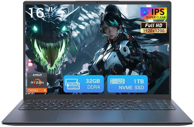 Main image of Auusda 16" Business Laptop, Windows 11 Pro Laptop Computer, AMD Ryzen 7430U, 32GB RAM 1TB SSD, Backlight, Fingerprint, Gray
