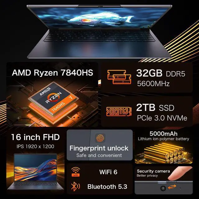 Alt view image 2 of 7 - Auusda 16" Gaming Laptop w/AMD Ryzen 7 7840HS 3.8-5.1GHz, 32GB DDR5 RAM(Dual Channel), 2TB NVMe SSD(Slot*2), Windows 11 Pro Laptop Computer w/Office 2024, Backlit, Fingerprint, Webcam Switch