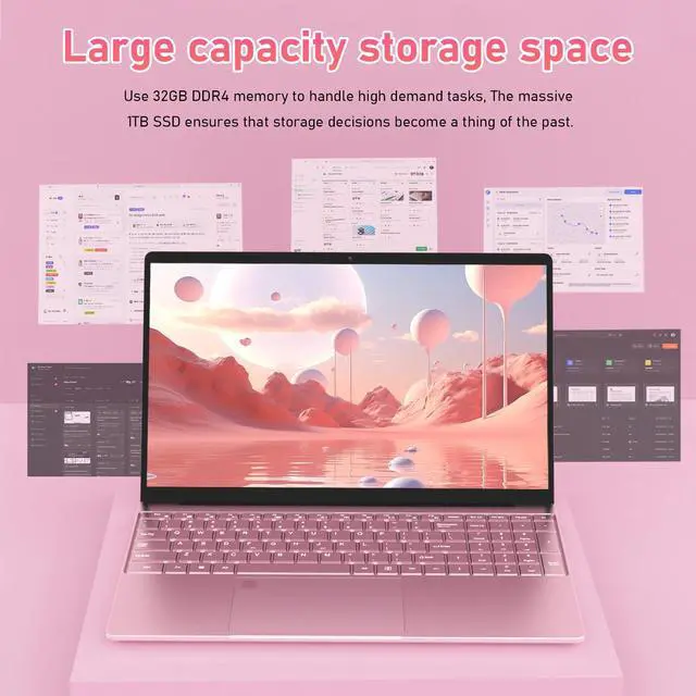 Alt view image 3 of 7 - Auusda 15.6" Business Laptop, 32GB RAM 1TB SSD, Windows 11 Pro Home Computer, Intel N150, Backlight, Fingerprint, Pink