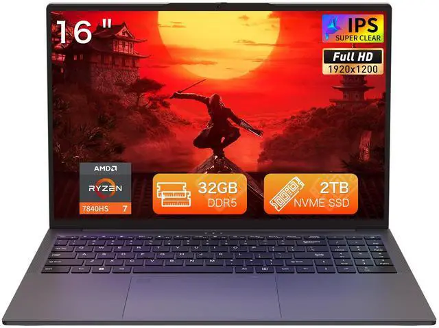Main image of Auusda 16" Gaming Laptop w/AMD Ryzen 7 7840HS 3.8-5.1GHz, 32GB DDR5 RAM(Dual Channel), 2TB NVMe SSD(Slot*2), Windows 11 Pro Laptop Computer w/Office 2024, Backlit, Fingerprint, Webcam Switch