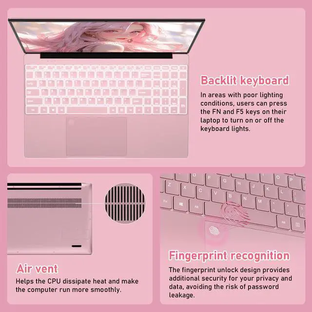 Alt view image 3 of 7 - Auusda 15.6" Laptop Computer w/16GB RAM 512GB SSD, Intel N95 2.0-3.4 GHz, Windows 11 Pro Notebook, Backlit Keyboard, Fingerprint Unlock, Pink