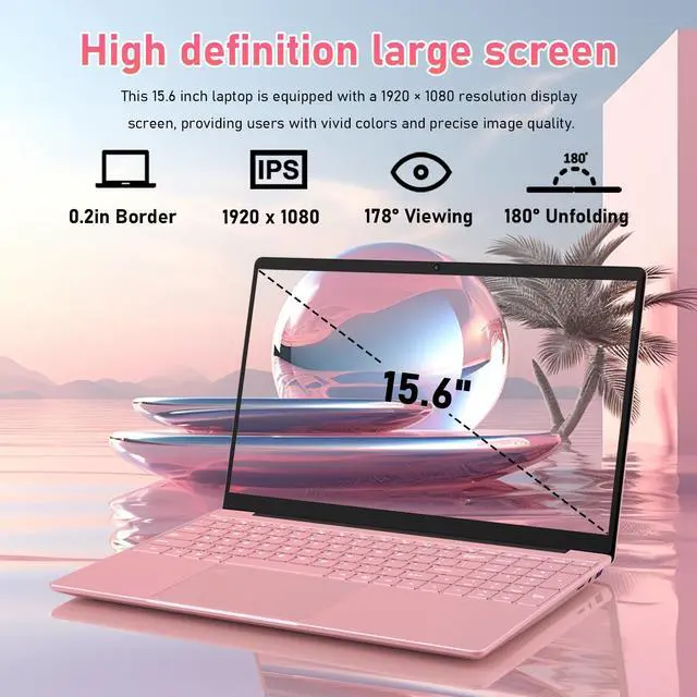 Alt view image 2 of 7 - Auusda 15.6" Laptop Computer w/16GB RAM 512GB SSD, Intel N95 2.0-3.4 GHz, Windows 11 Pro Notebook, Backlit Keyboard, Fingerprint Unlock, Pink