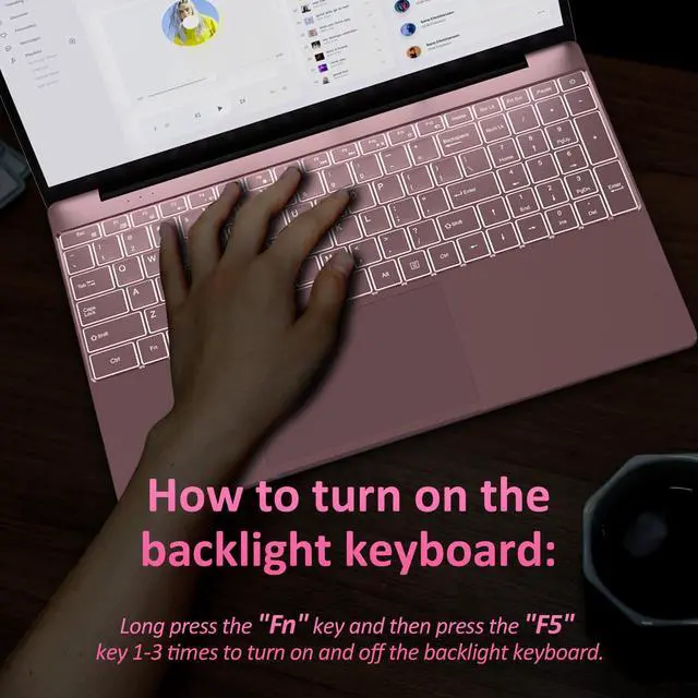 Alt view image 4 of 7 - Auusda 15.6" Laptop Computer w/16GB RAM 512GB SSD, Intel N150 2.0-3.6 GHz, Windows 11 Pro Notebook, Backlit Keyboard, Fingerprint Unlock, Pink