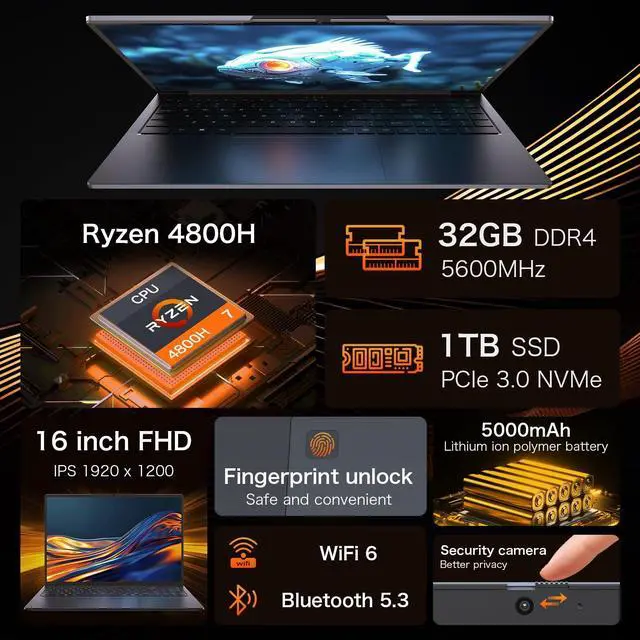 Alt view image 2 of 7 - Auusda 16'' Laptop Ryzen 7- 4800H (2.9GHz up to 4.2GHz), 32GB RAM, 1TB SSD, Win 11 Pro, Wifi 6, BT5.3, USB 3.0*2, HDMI, Type-C*2, with Backlit Keyboard, Fingerprint Unlock, for Business/Students, Gray