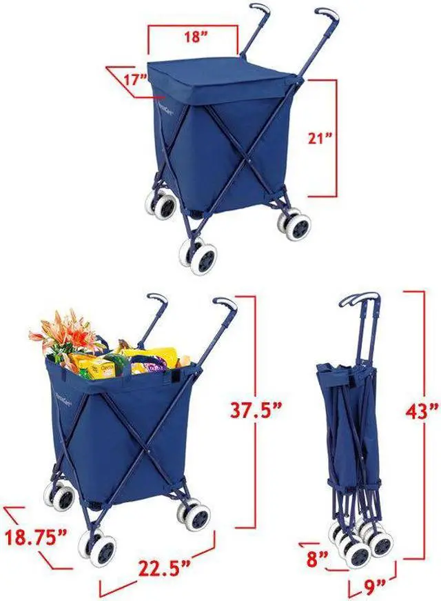 Alt view image 5 of 5 - VersaCart Transit -The Original Patented Folding Shopping and Utility Cart, Water-Resistant Heavy-Duty Canvas with Cover, Double Front Swivel Wheels, Compact Folding, Transport Up to 120 Pounds, Blue