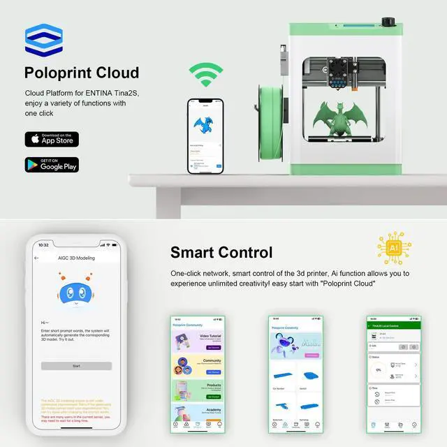 Alt view image 7 of 7 - ENTINA Tina2S 3D Printer with WiFi Cloud Printing, Fully Assembled and Mini 3D Printer for Beginners and Kids with Auto Leveling, High Precision, Quiet 3D Printers with App Control, Ideal for STEM