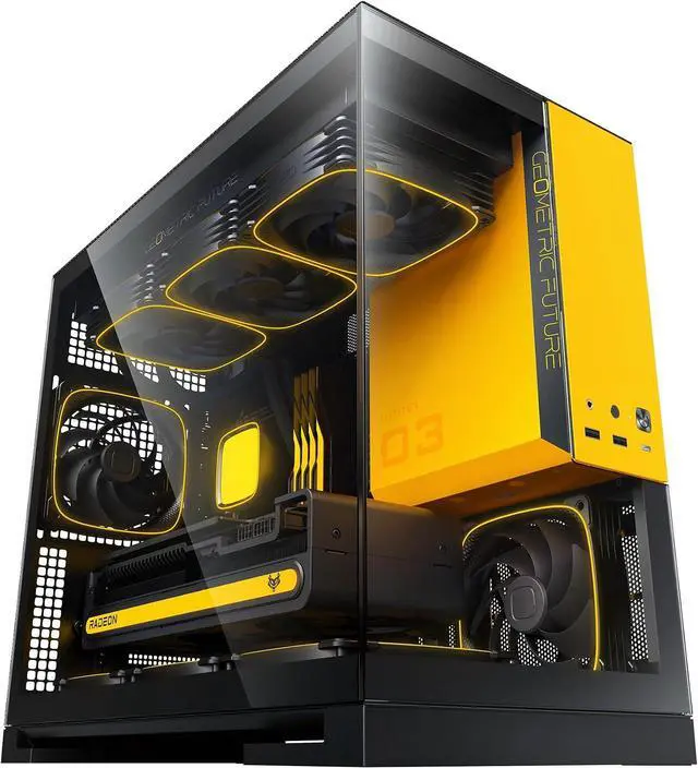 Main image of Geometric Future Model 3 Panoramic Tempered Glass Dual Chamber Micro-ATX Tower PC Case, 5 Pre-Installed 120mm x 30mm PWM ARGB Fans, USB Type-C, 360mm Radiator Support, Black/Yellow, GEO-M3F-BY