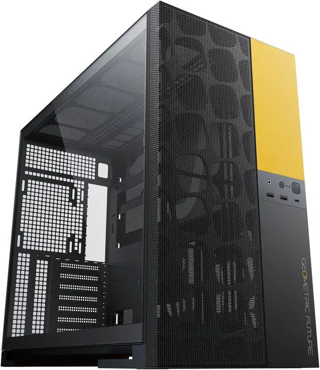 Main image of Geometric Future M5 Vent Mesh front Panel Tempered Glass Mid Tower, E-ATX/ATX Gaming Case, High Airflow, 1.2mm Steel, Type C, Support 420/360 Radiator, Dual-Chamber, Black/Yellow, GEO-M5V-BY