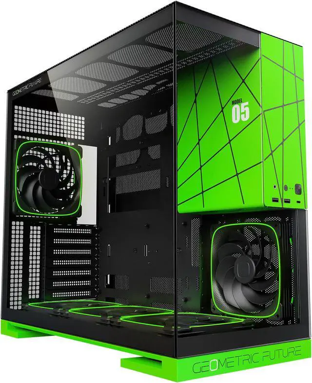 Alt view image 2 of 3 - Geometric Future M5 Tempered Glass Mid Tower, E-ATX/ATX Gaming Case, 1.2mm Steel, Type C, Toolless Panels, Support 420/360 Radiator, ARGB PWM 140m fan x 5 Pre-Installed, Black/Green, GEO-M5F-BNY