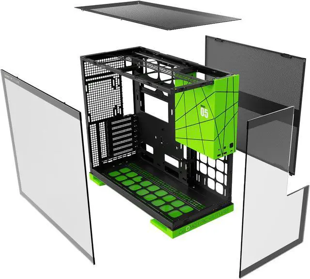 Alt view image 3 of 3 - Geometric Future M5 Tempered Glass Mid Tower, E-ATX/ATX Gaming Case, 1.2mm Steel, Type C, Toolless Panels, Support 420/360 Radiator, ARGB PWM 140m fan x 5 Pre-Installed, Black/Green, GEO-M5F-BNY
