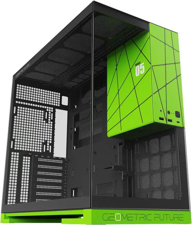 Main image of Geometric Future M5 Tempered Glass Mid Tower, E-ATX/ATX Gaming Case, 1.2mm Steel, Type C, Toolless Panels, Support 420/360 Radiator, Dual-Chamber, Black/Green, GEO-M5-BNY