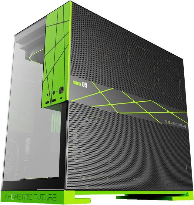 Alt view image 3 of 6 - Geometric Future M5 Tempered Glass Mid Tower, E-ATX/ATX Gaming Case, 1.2mm Steel, Type C, Toolless Panels, Support 420/360 Radiator, Dual-Chamber, Black/Green, GEO-M5-BNY