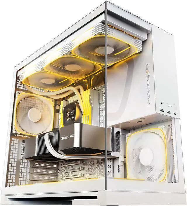Main image of Geometric Future M5 Tempered Glass Mid Tower, E-ATX/ATX Gaming Case, 1.2mm Steel, Type C, Toolless Panels, Support 420/360 Radiator, ARGB PWM 140m fan x 5 Pre-Installed, White, GEO-M5F-W