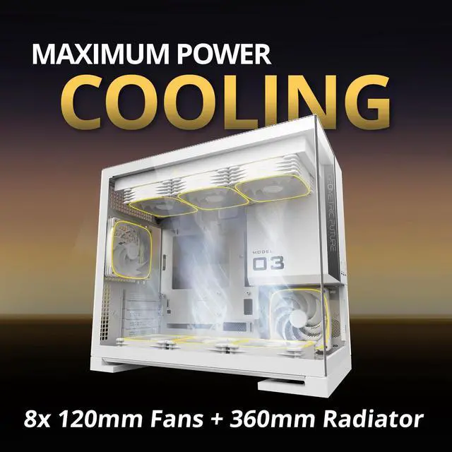 Alt view image 3 of 7 - Geometric Future Model 3 Panoramic Tempered Glass Dual Chamber Micro-ATX Tower PC Case, 5 Pre-Installed 120mm x 30mm PWM ARGB Fans, USB Type-C, 360mm Radiator Support, White, GEO-M3F-W