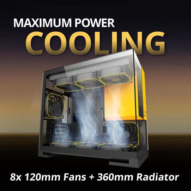 Alt view image 2 of 7 - Geometric Future Model 3 Panoramic Tempered Glass Dual Chamber Micro-ATX Tower PC Case, 5 Pre-Installed 120mm x 30mm PWM ARGB Fans, USB Type-C, 360mm Radiator Support, Black/Yellow, GEO-M3F-BY