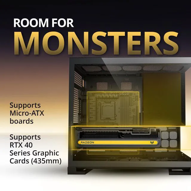 Alt view image 3 of 7 - Geometric Future Model 3 Panoramic Tempered Glass Dual Chamber Micro-ATX Tower PC Case, 5 Pre-Installed 120mm x 30mm PWM ARGB Fans, USB Type-C, 360mm Radiator Support, Black/Yellow, GEO-M3F-BY