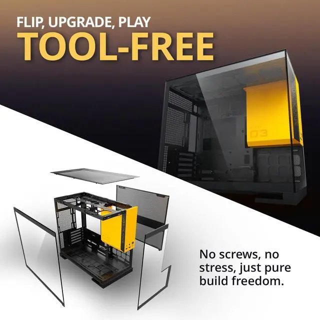 Alt view image 4 of 7 - Geometric Future Model 3 Panoramic Tempered Glass Dual Chamber Micro-ATX Tower PC Case, 5 Pre-Installed 120mm x 30mm PWM ARGB Fans, USB Type-C, 360mm Radiator Support, Black/Yellow, GEO-M3F-BY