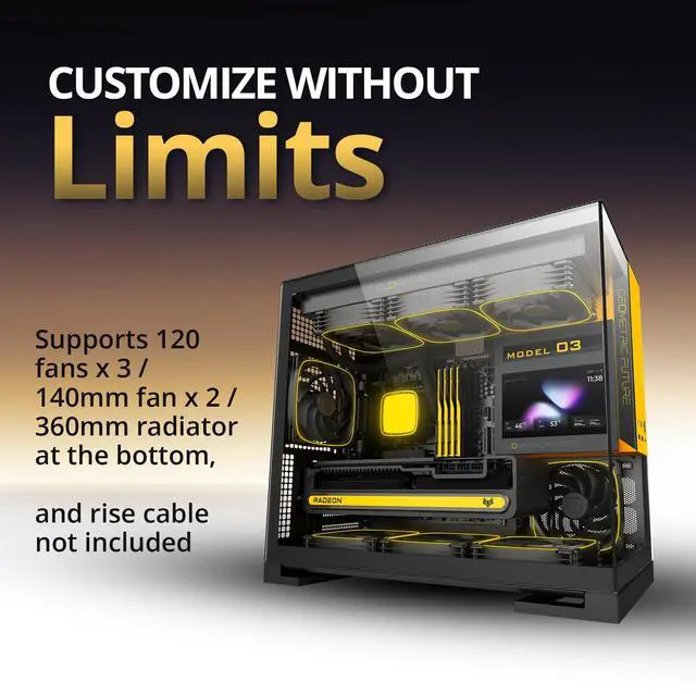 Alt view image 6 of 7 - Geometric Future Model 3 Panoramic Tempered Glass Dual Chamber Micro-ATX Tower PC Case, 5 Pre-Installed 120mm x 30mm PWM ARGB Fans, USB Type-C, 360mm Radiator Support, Black/Yellow, GEO-M3F-BY