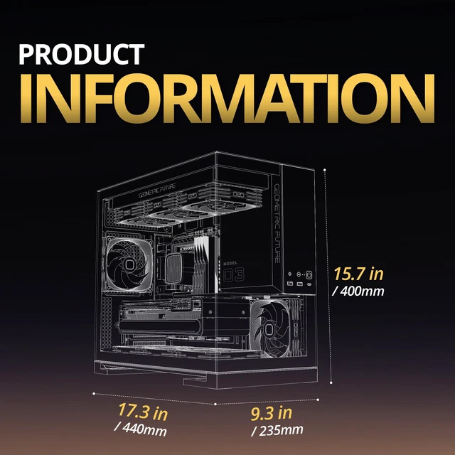 Alt view image 7 of 7 - Geometric Future Model 3 Panoramic Tempered Glass Dual Chamber Micro-ATX Tower PC Case, 5 Pre-Installed 120mm x 30mm PWM ARGB Fans, USB Type-C, 360mm Radiator Support, Black/Yellow, GEO-M3F-BY