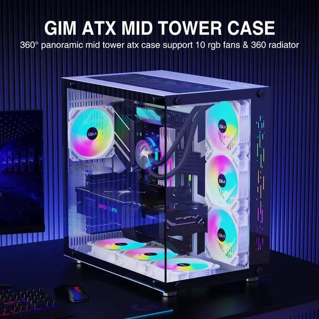 Alt view image 2 of 7 - GIM ATX Mid-Tower Case White Gaming PC Case 2 Tempered Glass Panels & Front Panel RGB Strip Gaming Computer Case Desktop Case USB 3.0 I/O Port, Magnet Dust Filter, Water-Cooling Ready PC Case