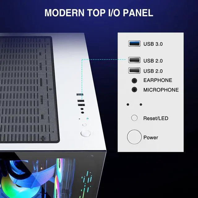 Alt view image 6 of 7 - GIM ATX Mid-Tower Case White Gaming PC Case 2 Tempered Glass Panels & Front Panel RGB Strip Gaming Computer Case Desktop Case USB 3.0 I/O Port, Magnet Dust Filter, Water-Cooling Ready PC Case