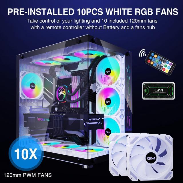 GIM ATX Mid-Tower PC Case White 10 Pre-Installed 120mm RGB Fans Gaming PC  Case 2 Tempered Glass Panels Gaming Style Windows Computer & Desktop Case