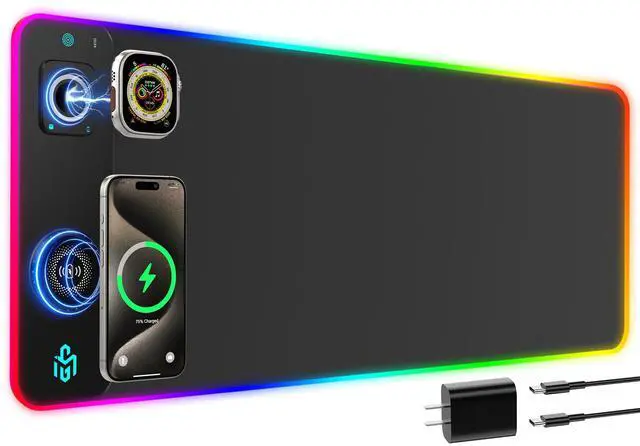 Main image of GIM RGB Gaming Mouse Pad with Simultaneous Charging for Phone & iWatch, LED Mouse Mat 800x300x4MM, 14 Light Modes, Non-Slip Rubber Base, Computer Keyboard Mat for Gaming, 20W PD Adapter Included