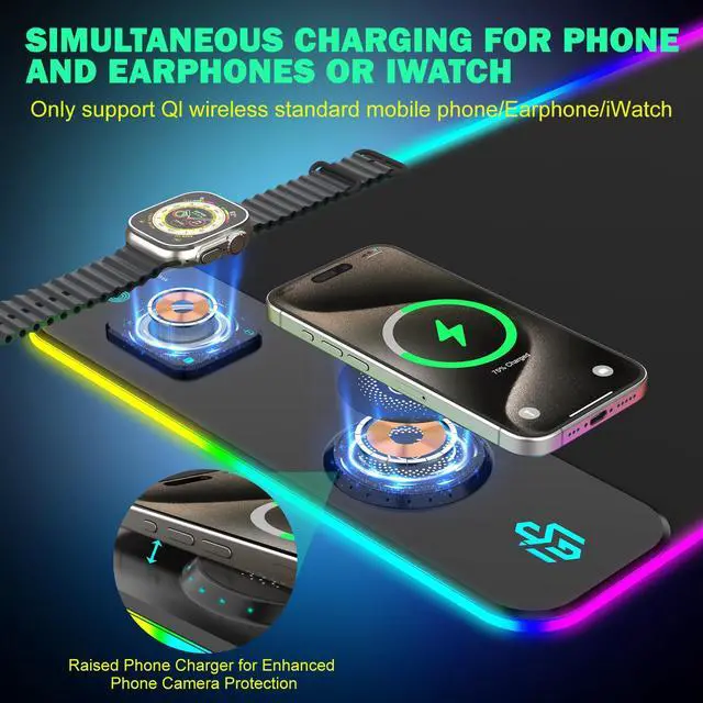 Alt view image 2 of 7 - GIM RGB Gaming Mouse Pad with Simultaneous Charging for Phone & iWatch, LED Mouse Mat 800x300x4MM, 14 Light Modes, Non-Slip Rubber Base, Computer Keyboard Mat for Gaming, 20W PD Adapter Included