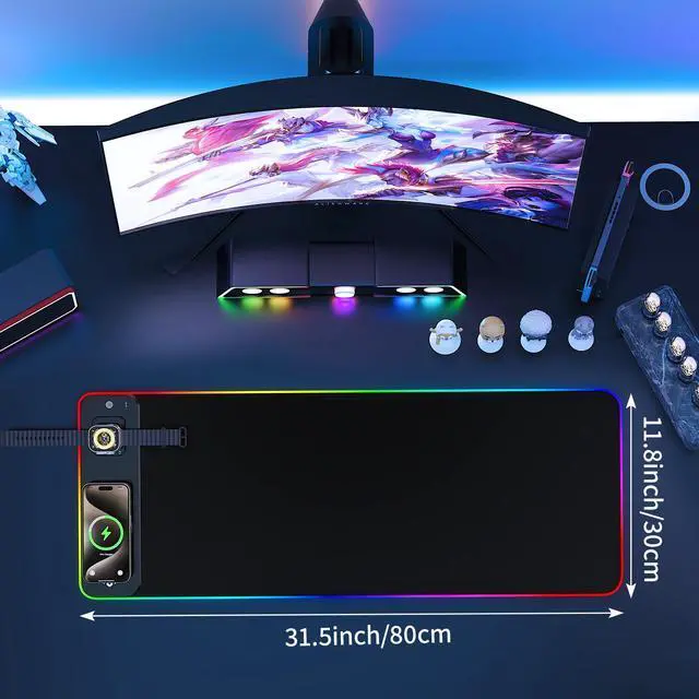 Alt view image 6 of 7 - GIM RGB Gaming Mouse Pad with Simultaneous Charging for Phone & iWatch, LED Mouse Mat 800x300x4MM, 14 Light Modes, Non-Slip Rubber Base, Computer Keyboard Mat for Gaming, 20W PD Adapter Included