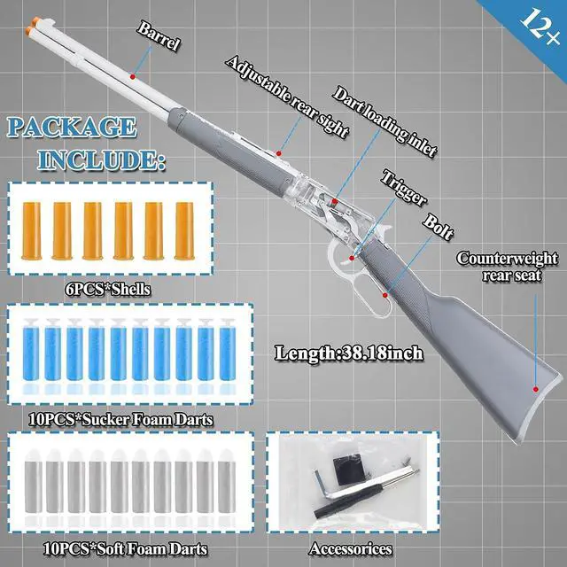 Alt view image 4 of 6 - Foam Dart Blaster with Shell Ejection Soft Foam Blaster 38inch Toy Blaster with 6pcs Shells,20pcs Soft Foam Darts for Kids Teens Outdoor Games (Gray)