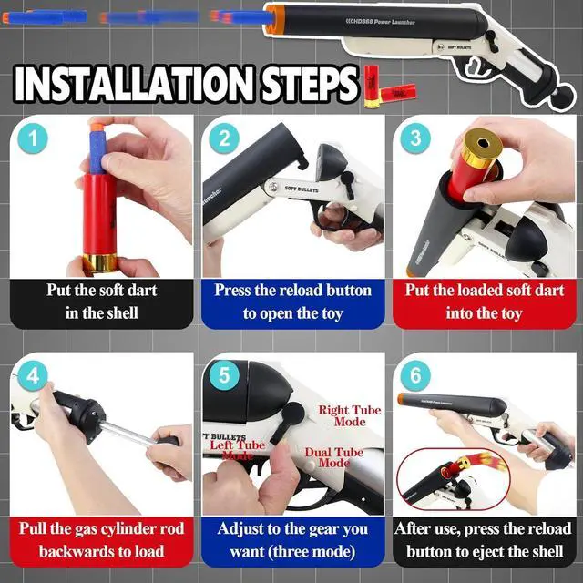 Alt view image 4 of 6 - Toy Foam Blaster,Double Barrel Toy Foam Blaster Shell Ejecting Foam Dart Blaster with 20pcs Soft Foam Darts for Outdoor Games Kids Gift (Black)