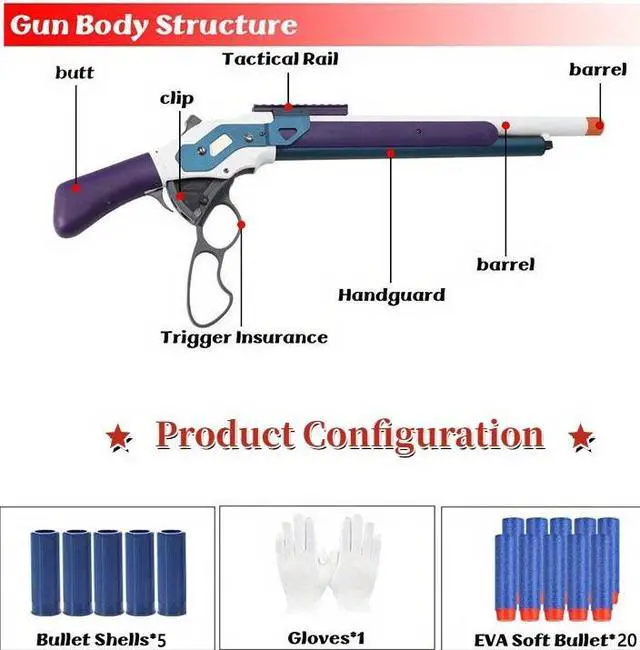 Alt view image 4 of 7 - zhenduo 27in Alloy Material Soft Bullet Blaster Shell Ejecting, 2.6lb Weight Dart Blaster with 20 Soft Foam Darts, Toy Foam Blaster Lever Action Gifts for Boys Christmas Day Gifts