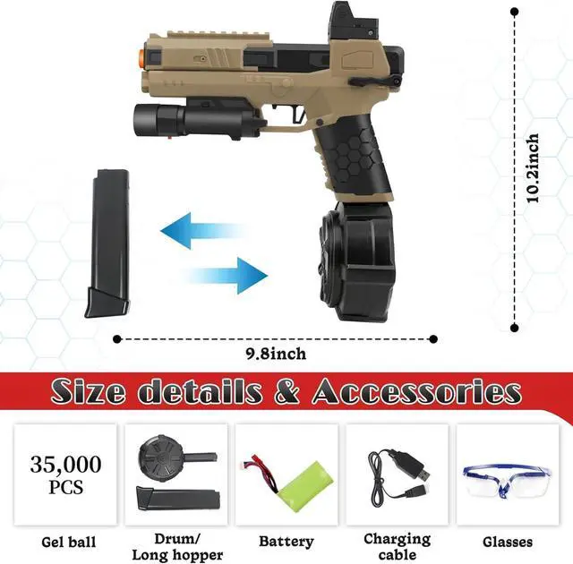 Alt view image 2 of 5 - Gel Ball Blaster Splatter X6 Full Auto Splatter Blaster with Drum Long Hopper Light and Goggles Electric Splat Blaster Splatter Ball Pistol for Outdoor New Upgrade Team Games Ages 14+ (Brown)